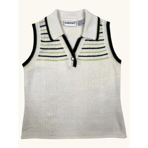Fashion Bug Vintage White Striped Polo Sweater Vest Sleeveless Knit Top Small